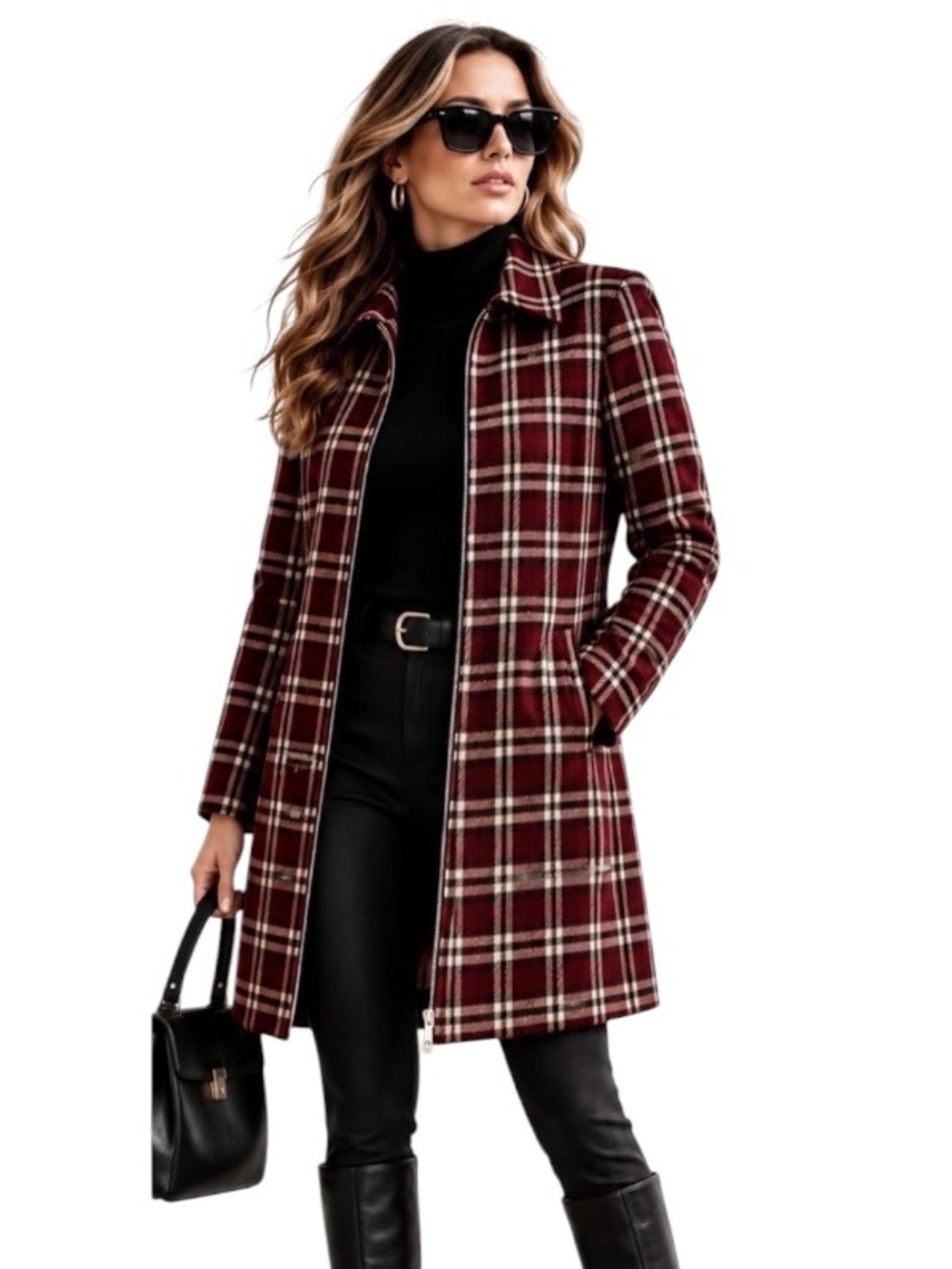 Express Burgundy Cream Plaid
Wool Blend Trench Coat Full Zip
NWOT Size 11/12